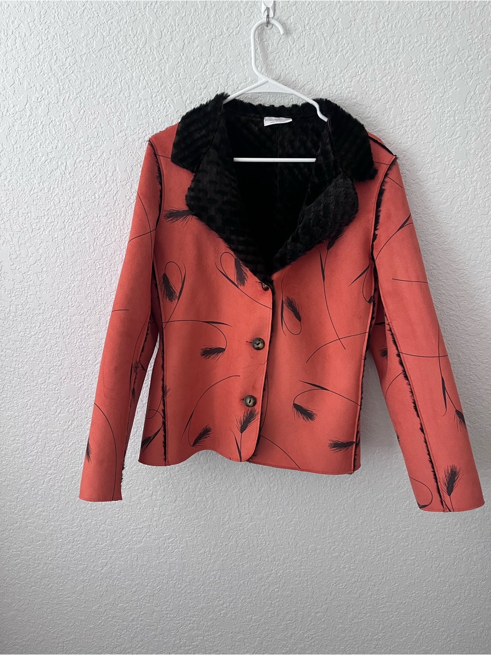 Coral Suede Feather-Print Blazer with Black Faux Fur Collar reversible